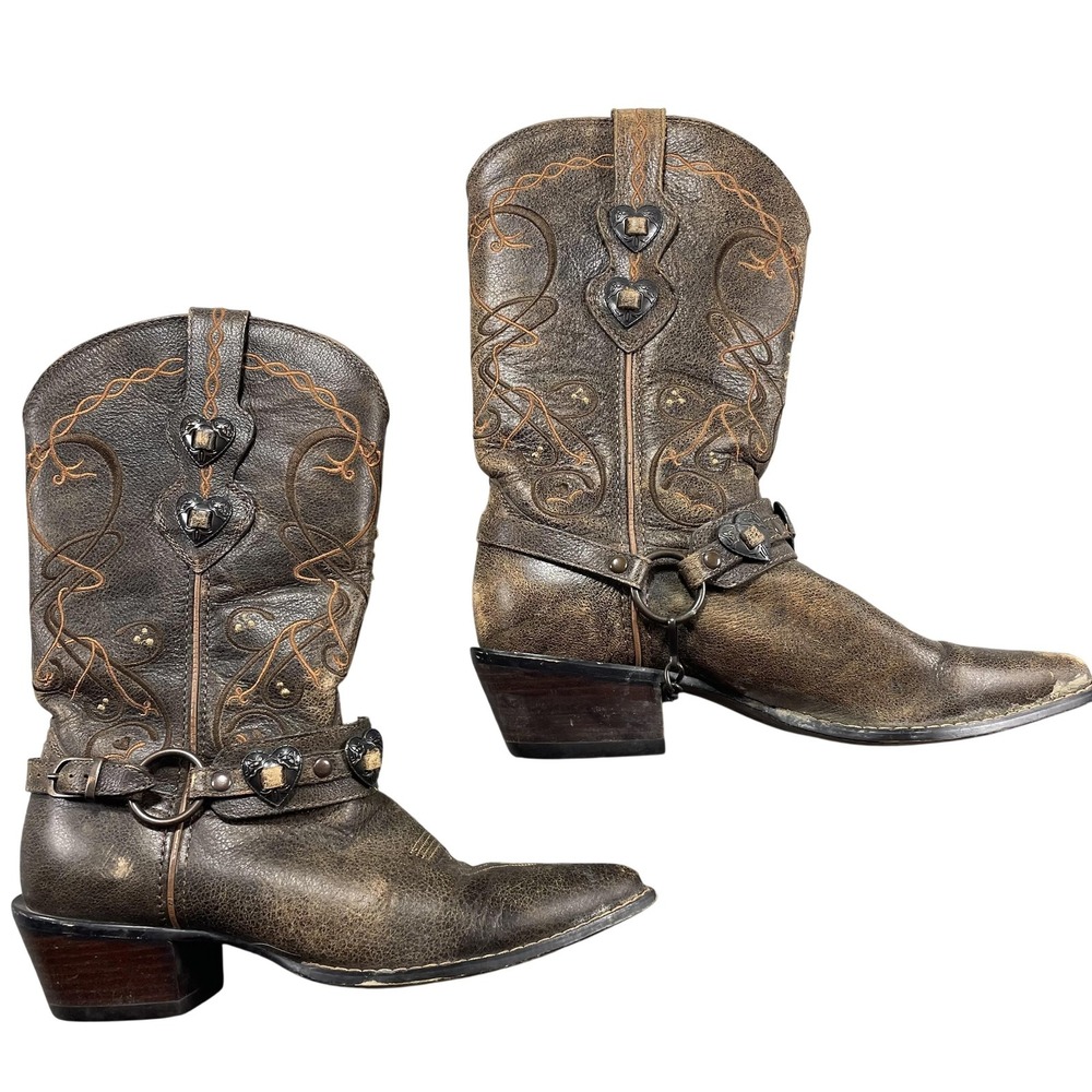 Durango Crush Western Boots Womens Size 7.5 Brown Leather Heart Harness Studded
